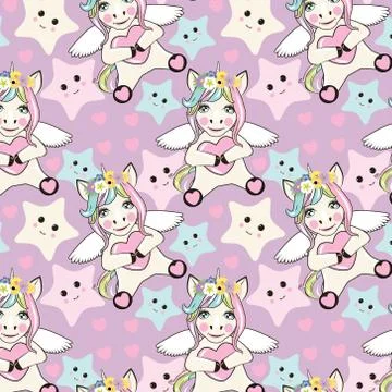 A pattern with small unicorns with wings on the background Stock Illustration
