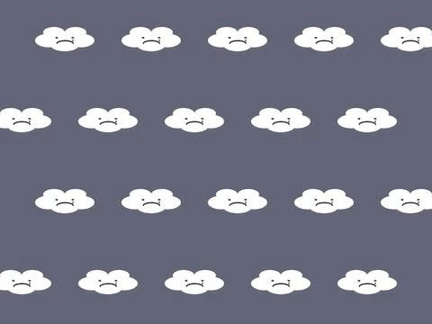 Pattern of small white cloudswith sad faces illuminated against a grey sky 库存插图