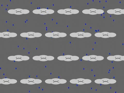 Pattern of small white cloudswith sad faces illuminated against a grey sky with 库存插图