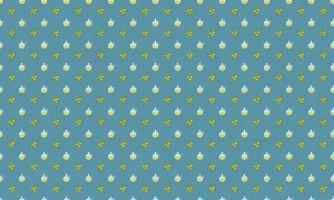 Pattern of small white flowers with green leaves on blue background Stock Illustration