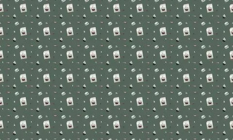 Pattern of small white washing machines on green background Stock Illustration