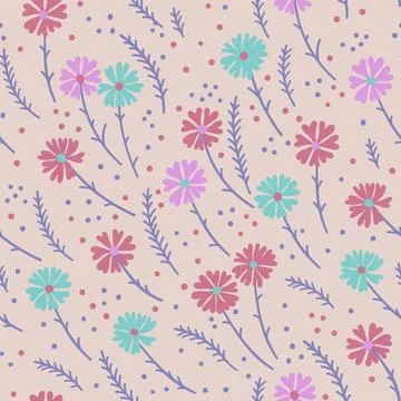 Pattern with small wildflowers and herbs. Elegant lilac stems. Pastel colors. Stock Illustration