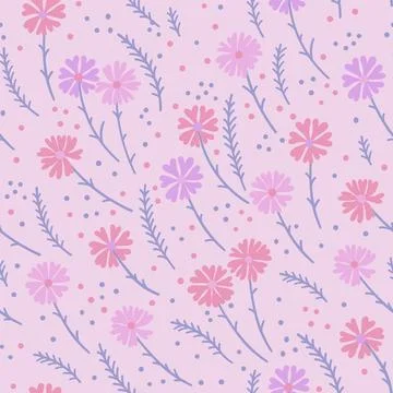 A pattern with small wildflowers and herbs. Elegant stems on a pink backgro.. Stock Illustration