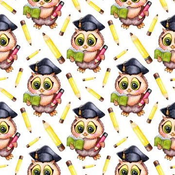 Pattern smart owlet and watercolor pencils Stock Illustration