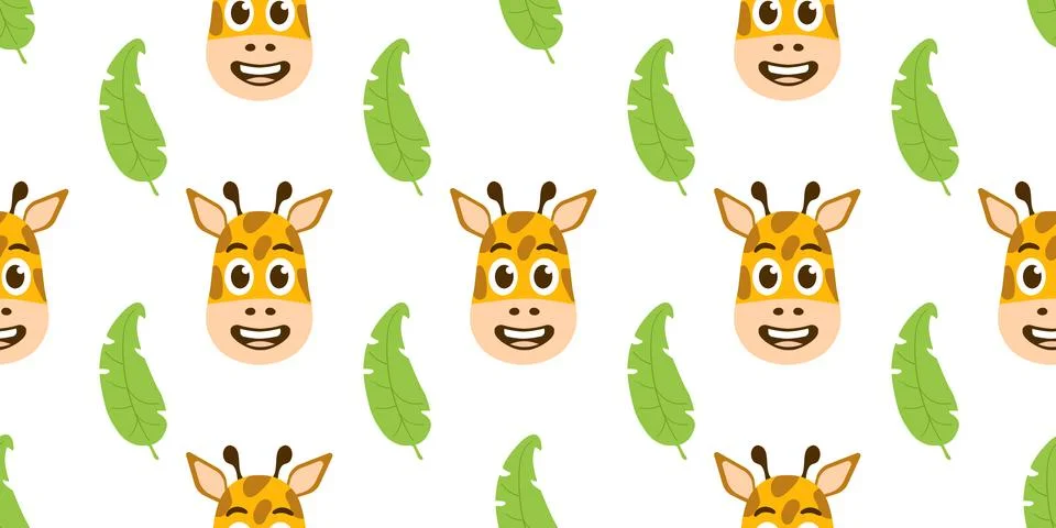 Pattern smiling Giraffes Head, Palm leaf. Seamless print Laughing face of animal Stock Illustration