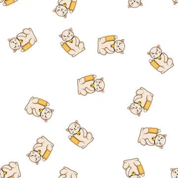 Pattern Smiling lucky cat holding gold coin bringing fortune Stock Illustration