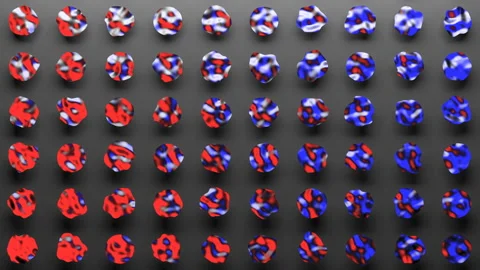Pattern of smooth surfaces with changing shapes and ripples with red and blue Stock Footage 106404883