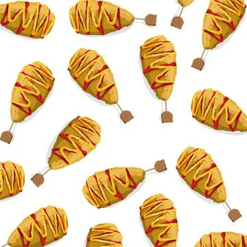 A pattern of snack fried corndog crispy with tomato ketchup and mustard on bambo Ilustración de archivo