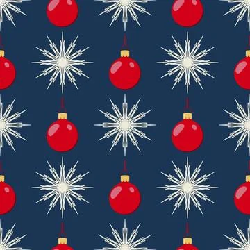 Pattern of snowflakes red balls blue background Illustrazione stock