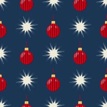 Pattern of snowflakes red balls blue background Stock Illustration