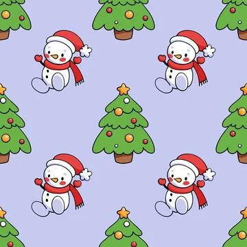 Pattern snowmen, decorated Christmas trees. Merry Xmas Happy New Year background 스톡 일러스트