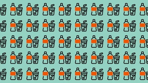 Pattern of soda bottles and cups with straws on a teal background. Stock Footage 325389320