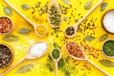 Pattern of spices herbs and flavoring - top view Stock Photos