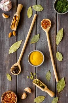 Pattern of spices herbs and flavoring - top view Stock Photos