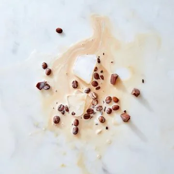 A pattern of splashes of coffee with milk pieces of chocolate, ice and coffee Stock Photos