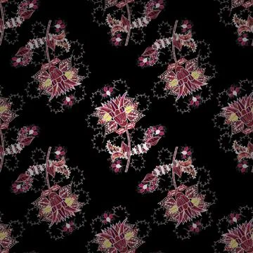 Pattern with spring flowers with branch, on brown, white and black colors with f Stock Illustration