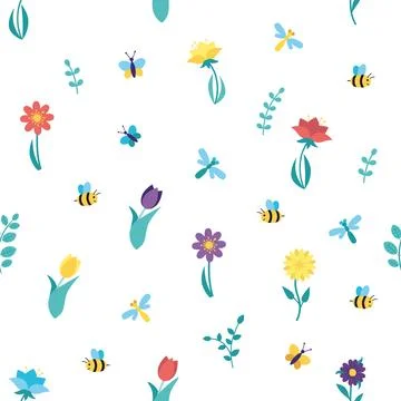Pattern with spring flowers, butterflies, bees and dragonflies. Stock Illustration