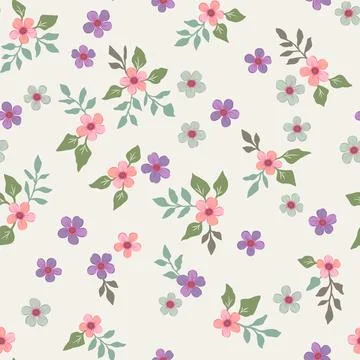 A pattern with spring flowers of pink purple and green on a mint background. Stock Illustration