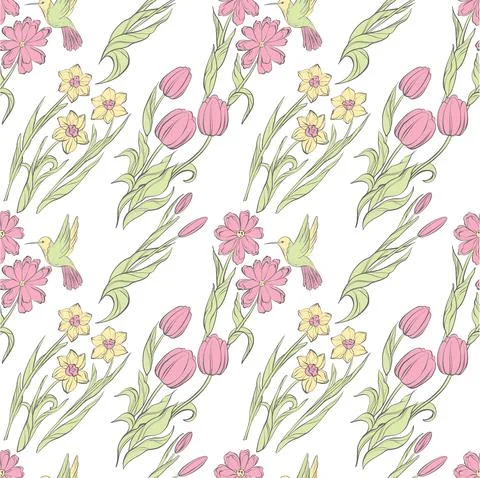 Pattern with spring flowers Tulips daffodils bells daisies birds Handdrawn Stock Illustration