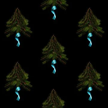 Pattern of spruce fir trees on a black background, photography Repeating elem Stock Photos