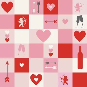 Pattern of squares with cherubs, arrows, a bottle of wine, glasses and hearts Stock Illustration