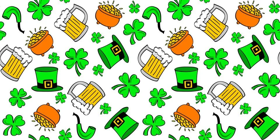 Pattern st. patrick's day green clover shamrock hat beer pot with gold Stock Illustration