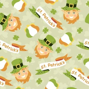 Pattern for st patrick's day hand drawn leprechaun with hat and irish flag Stock Illustration