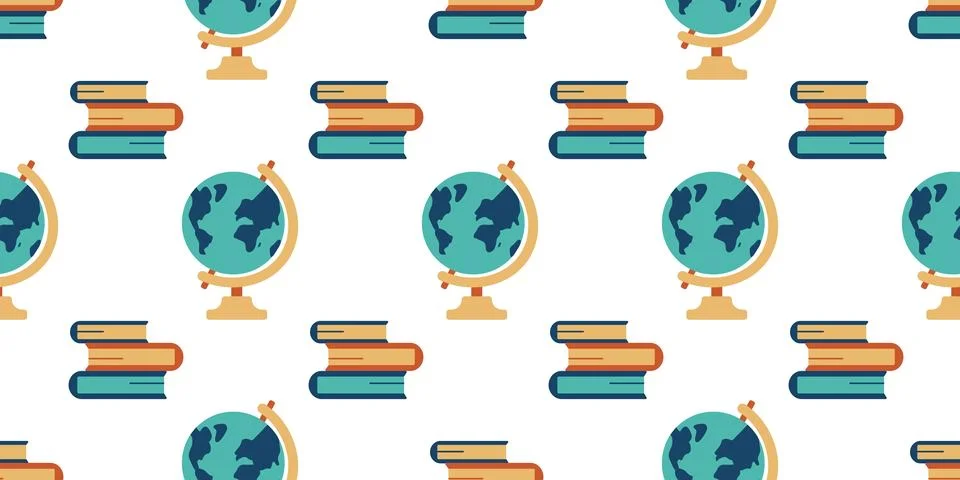 Pattern of stack of Books, Globe in row. School subjects, Geography lesson Stock Illustration