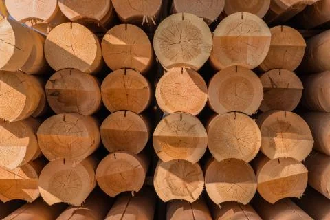 Pattern stack of round timber logs for building wooden house. Removing bark from Stock-Fotos