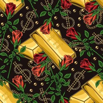 Pattern with stacked gold bars, beads, chains, roses, dollar sign. Stock Illustration
