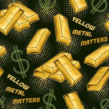Pattern with stacked gold bars, dotted halftone round shapes, dollar signs, t Stock Illustration