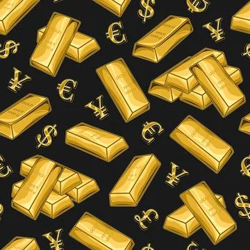 Pattern with stacked gold bars, shiny symbols of major world currencies. Stock Illustration