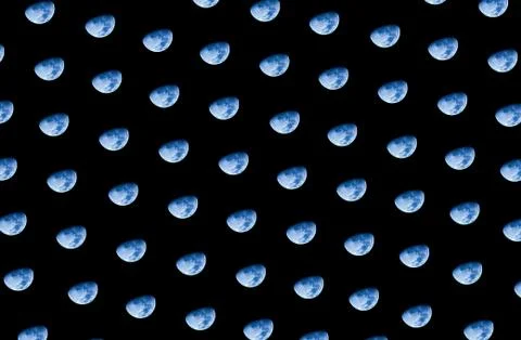 Pattern of Staggered blue moon on black background 스톡 사진