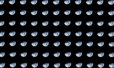 Pattern of Staggered silver moon on black background Stock Photos