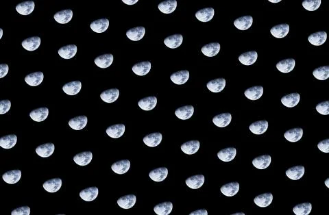 Pattern of Staggered silver moon on black background Stock Photos
