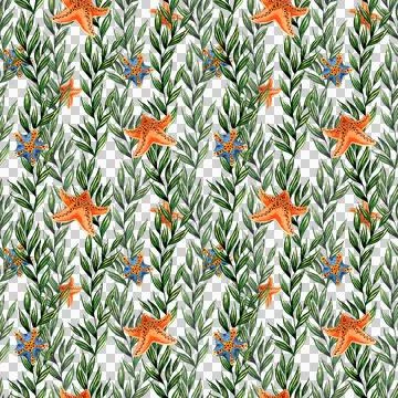 Pattern starfish and algae watercolor Illustrazione stock