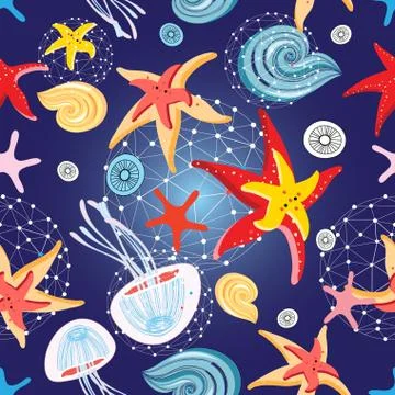 Pattern of starfish and jellyfish Illustrazione stock