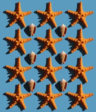 Pattern with starfish with hard shadow on a colored background, top view. Foto stock