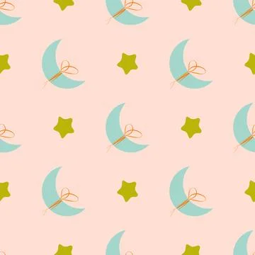 A pattern of stars and a crescent moon on a pink background Stock Illustration