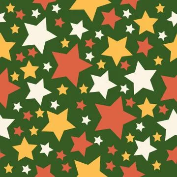 Pattern of stars of different sizes on a green background, yellow, orange, wh Stock Illustration