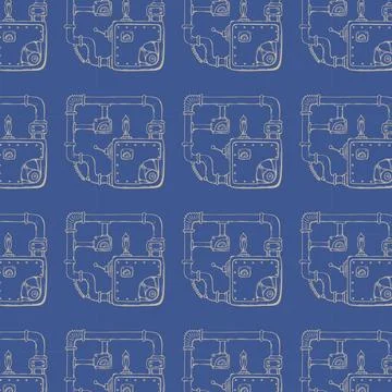 Pattern steampunk with pipes, gears and other mechanical elements. Blue Illustrazione stock