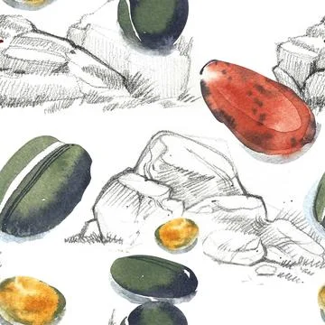 Pattern of the stone and cliff drawing in watercolor on white background Illustrazione stock