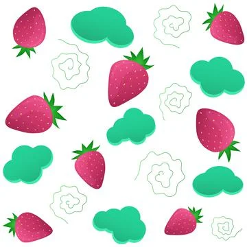Pattern with strawberries, adding clouds and lines on a white background 스톡 일러스트