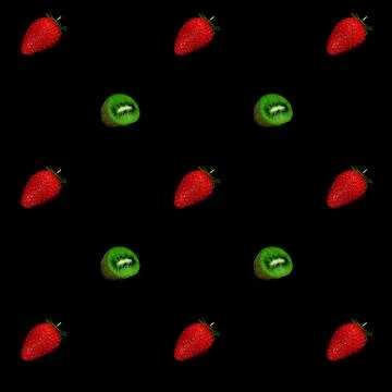 Pattern of strawberries and sliced kiwis on a black background for print Stock Illustration