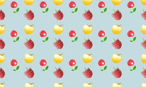 Pattern of strawberries, apples, and cherries on pastel blue background Stock Illustration