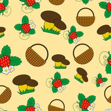 Pattern strawberries, basket, mushrooms Stock Illustration