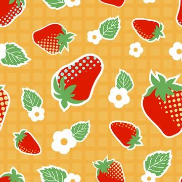 Pattern with strawberries on a waffle background and flowers with leaves Stock Illustration