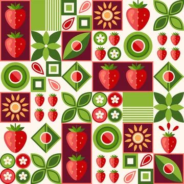 Pattern with strawberry, abstract geometric shapes Stock Illustration