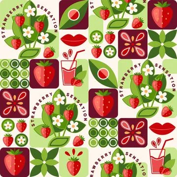 Pattern with strawberry, abstract geometric shapes Stock Illustration