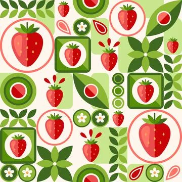 Pattern with strawberry, abstract geometric shapes Stock Illustration